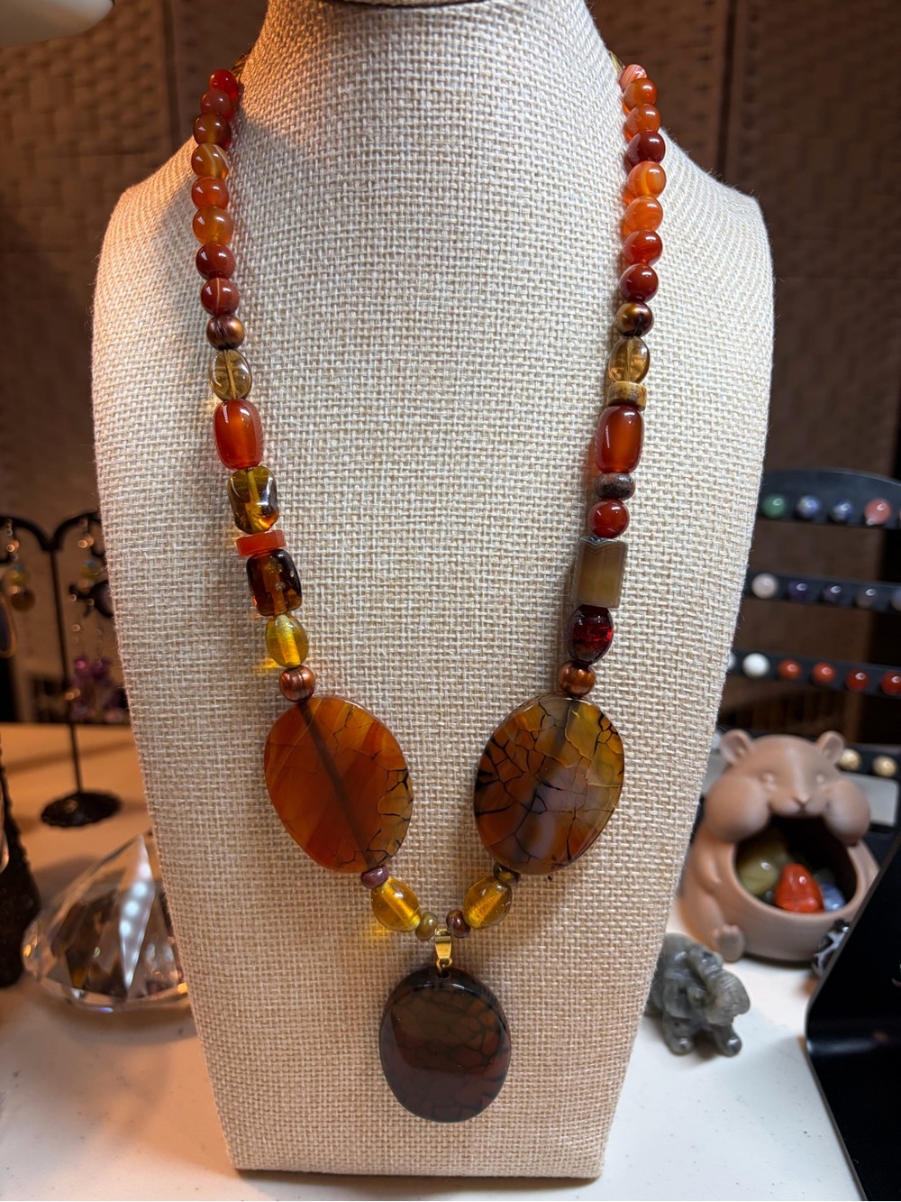 "Fireside Agate" Stone and Glass Necklace - Picture 2 of 7